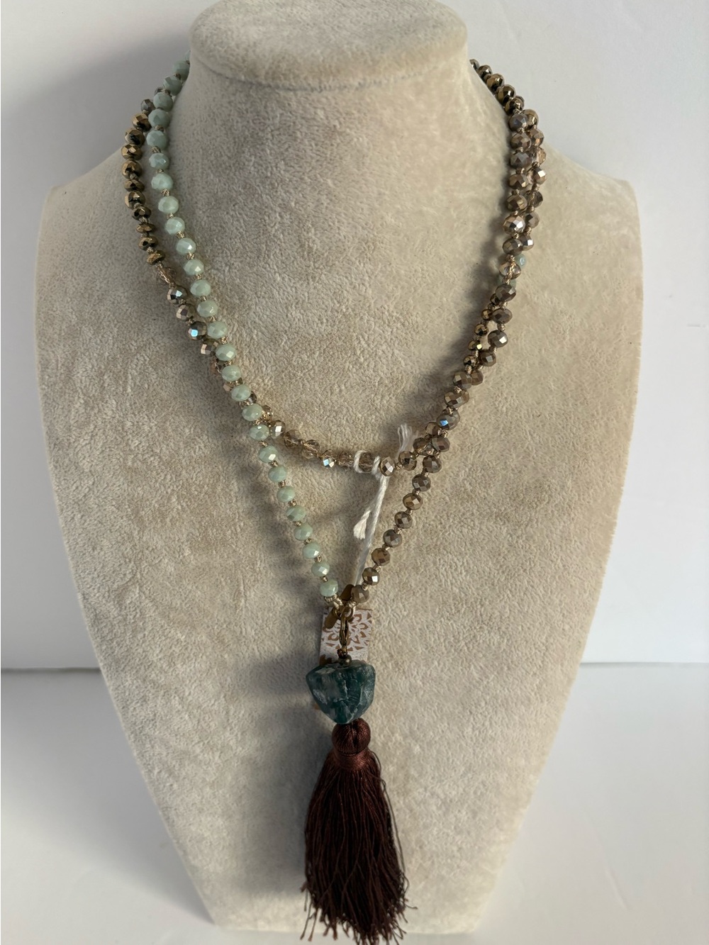 Long Tassel Necklace Stone-Look Pendant Aqua Champagne Glass Bead Boho NWT